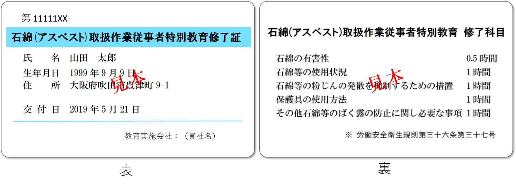 石綿(アスベスト)取扱作業従事者特別教育の修了証見本