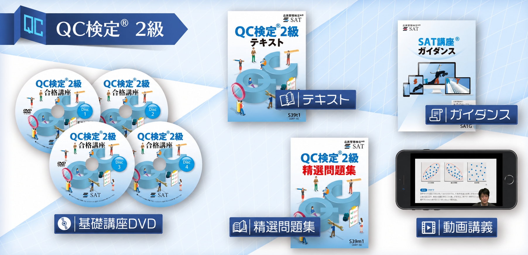 QC検定2級の教材は、 テキスト ガイダンス 動画講義の3つをお送りしております。