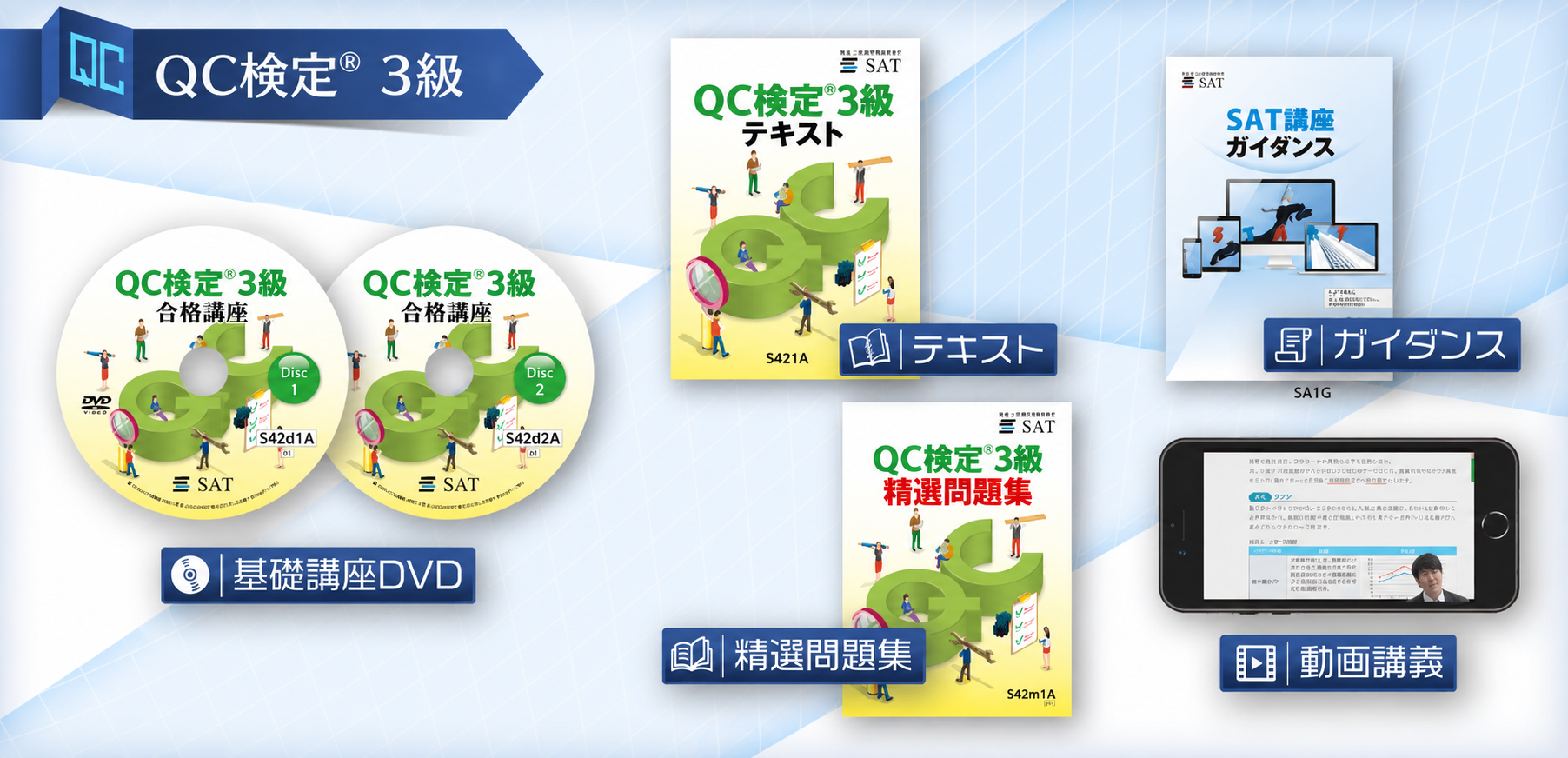 QC検定3級の教材は、 テキスト ガイダンス 動画講義の3つをお送りしております。