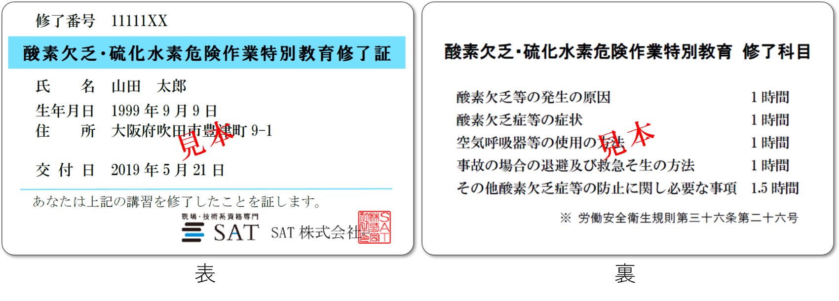 酸素欠乏・硫化水素危険作業特別教育の修了証見本