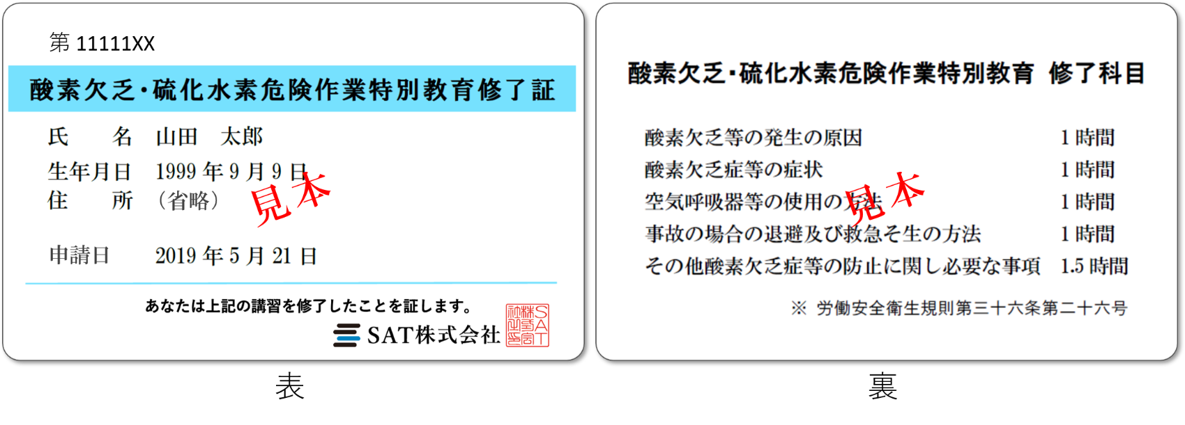 酸素欠乏・硫化水素危険作業特別教育の修了証見本