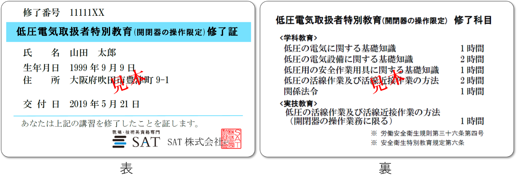 低圧電気取扱者特別教育修了証見本