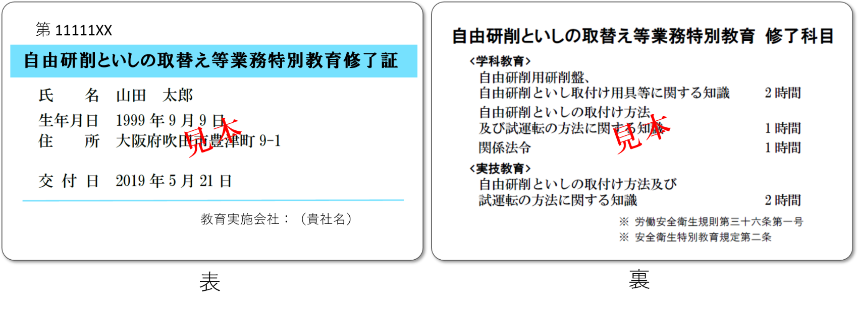 自由砥石の特別教育修了証見本