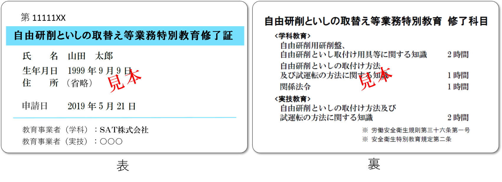 自由砥石の特別教育修了証見本