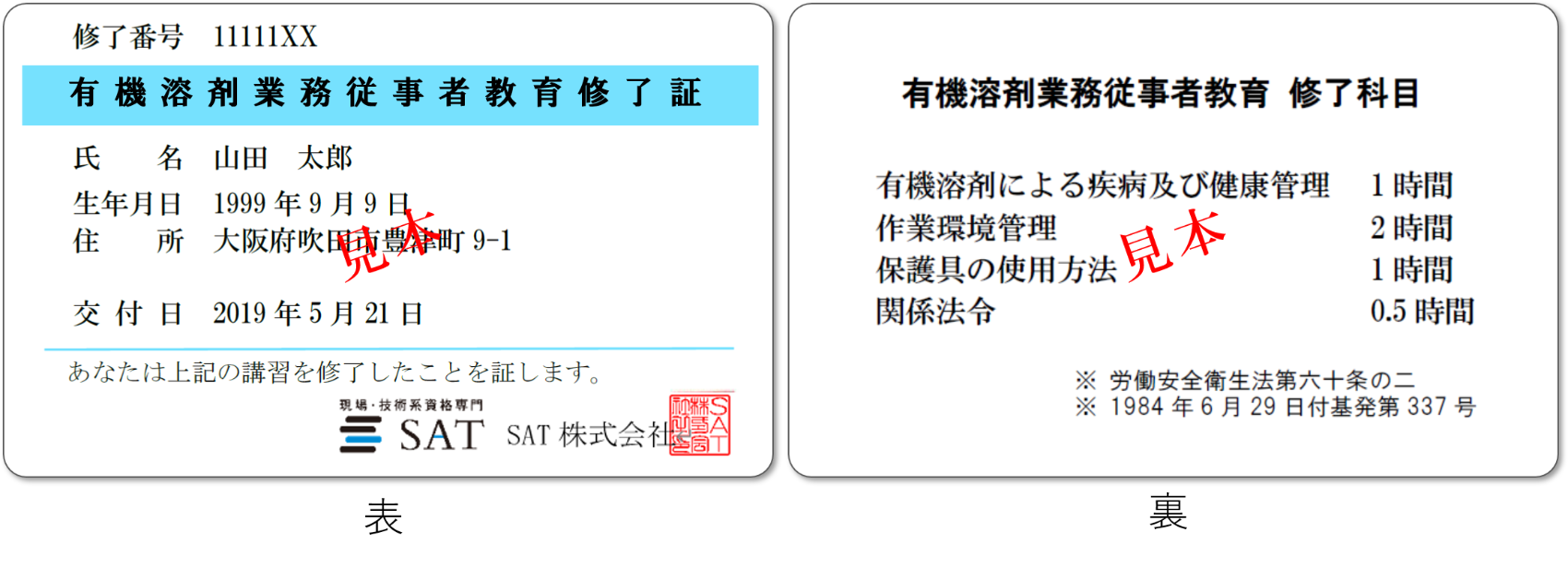 有機溶剤業務従事者教育の修了証見本