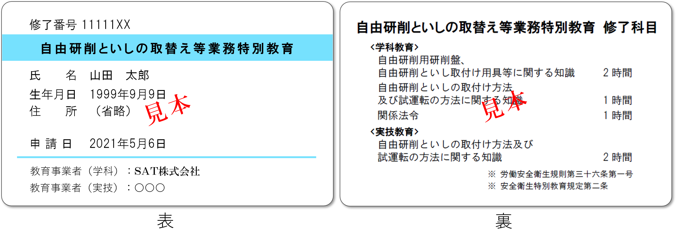 自由砥石の特別教育修了証見本