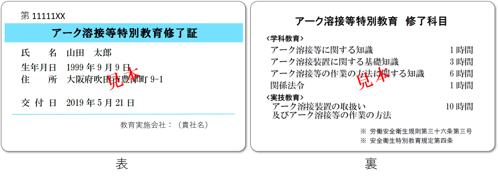 アーク溶接等特別教育修了証見本