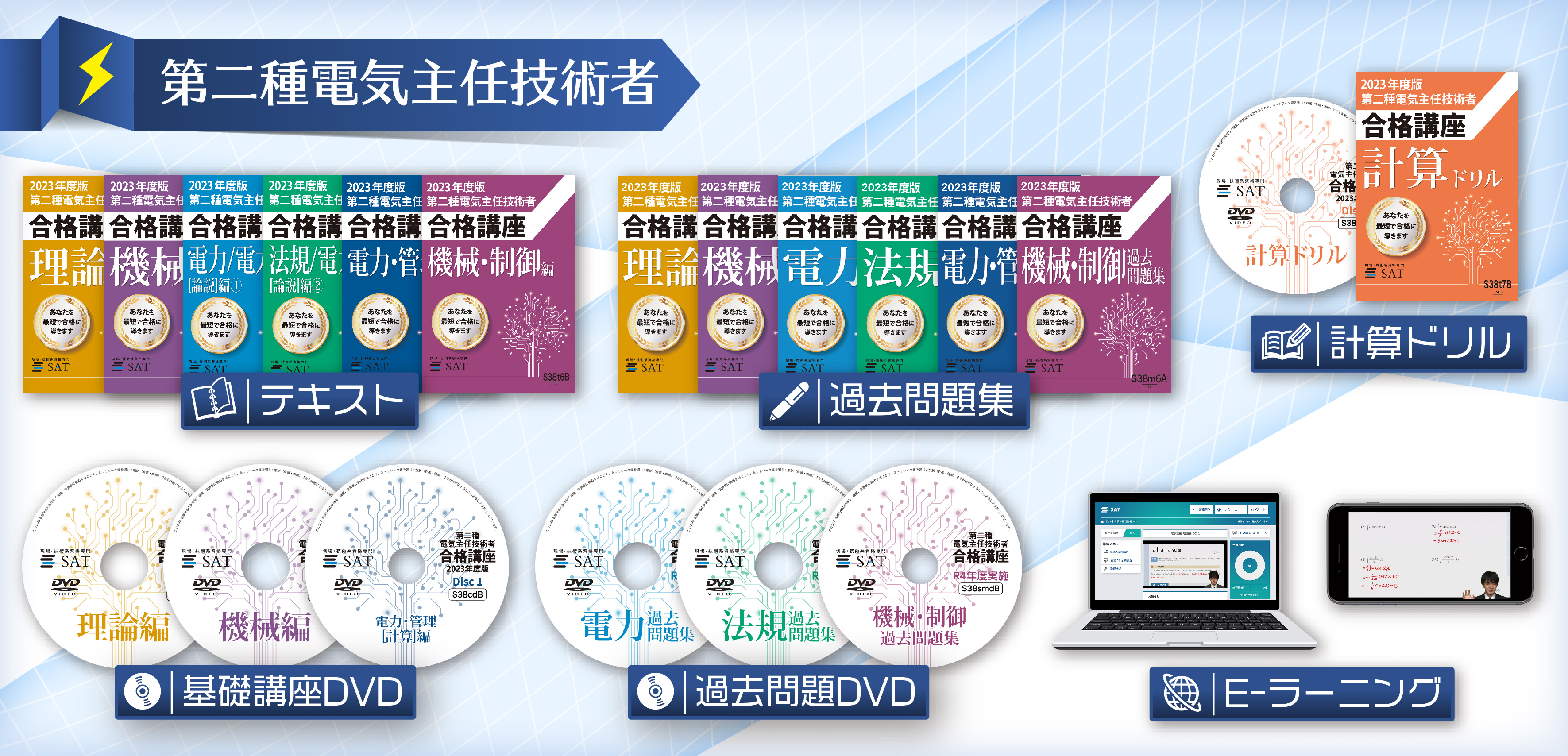弊社自慢の教材を是非ご利用ください。フルカラーテキスト、講義動画DVD、5年分の過去問題、最新のEラーニングシステム。