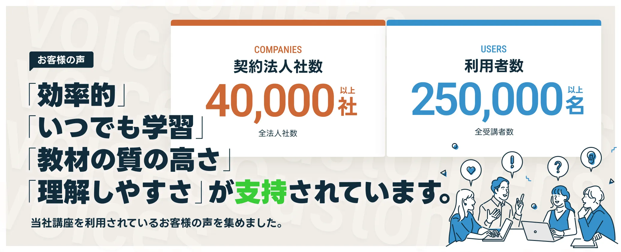 40,000社以上、今までの利用者様は延べ250,000名。当社講座を利用されているお客様の声を集めました。